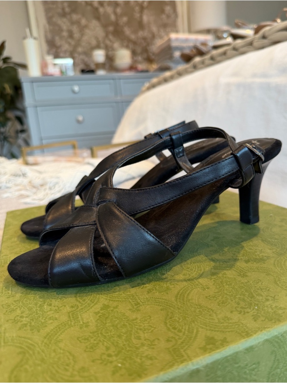 A2 By Aerosoles Black Leather Cross-Strap Slingback Heels